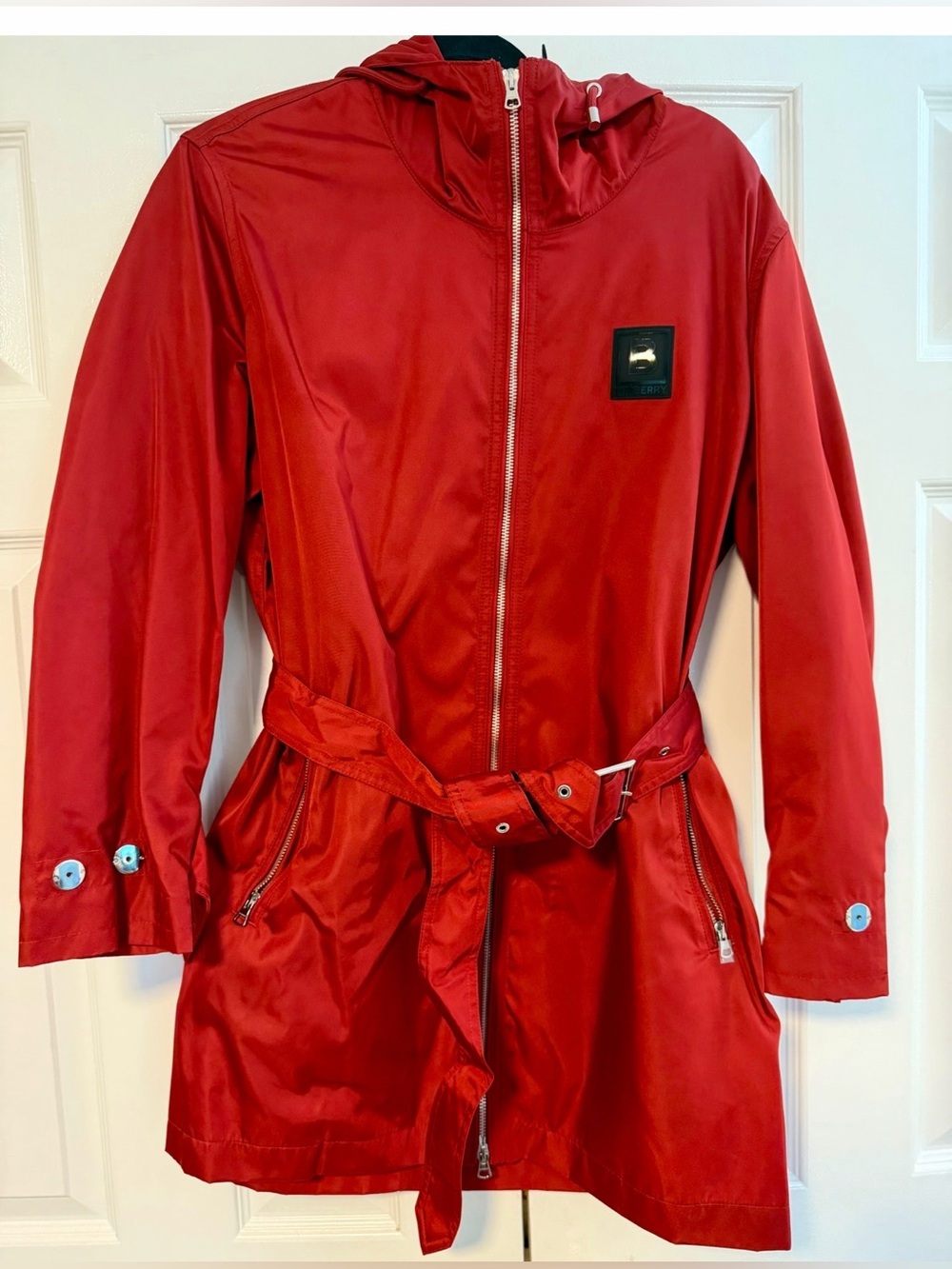 Burberry Middlemere Red Hooded Belted Rain Trench Coat US 8 NWOT